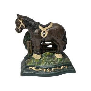 Horse Cast Iron Door Stop Hand Painted Vintage Equestrian Farm